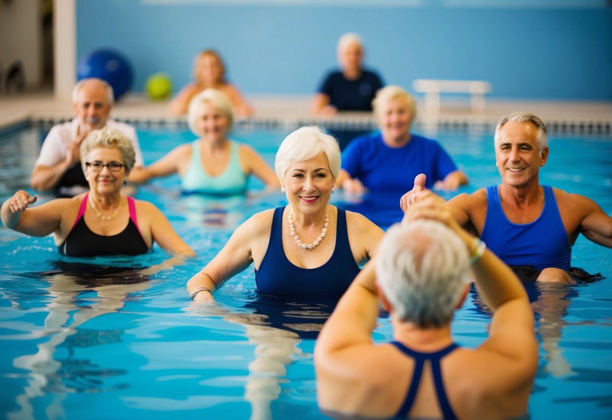 A diverse group of individuals engage in aquatic therapy exercises, focusing on joint health and pain management. The scene depicts various age groups and abilities participating in different activities within a pool setting