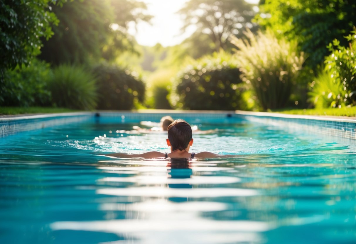 A serene pool with gentle ripples, surrounded by lush greenery. A person is performing aquatic exercises, with sunlight filtering through the water