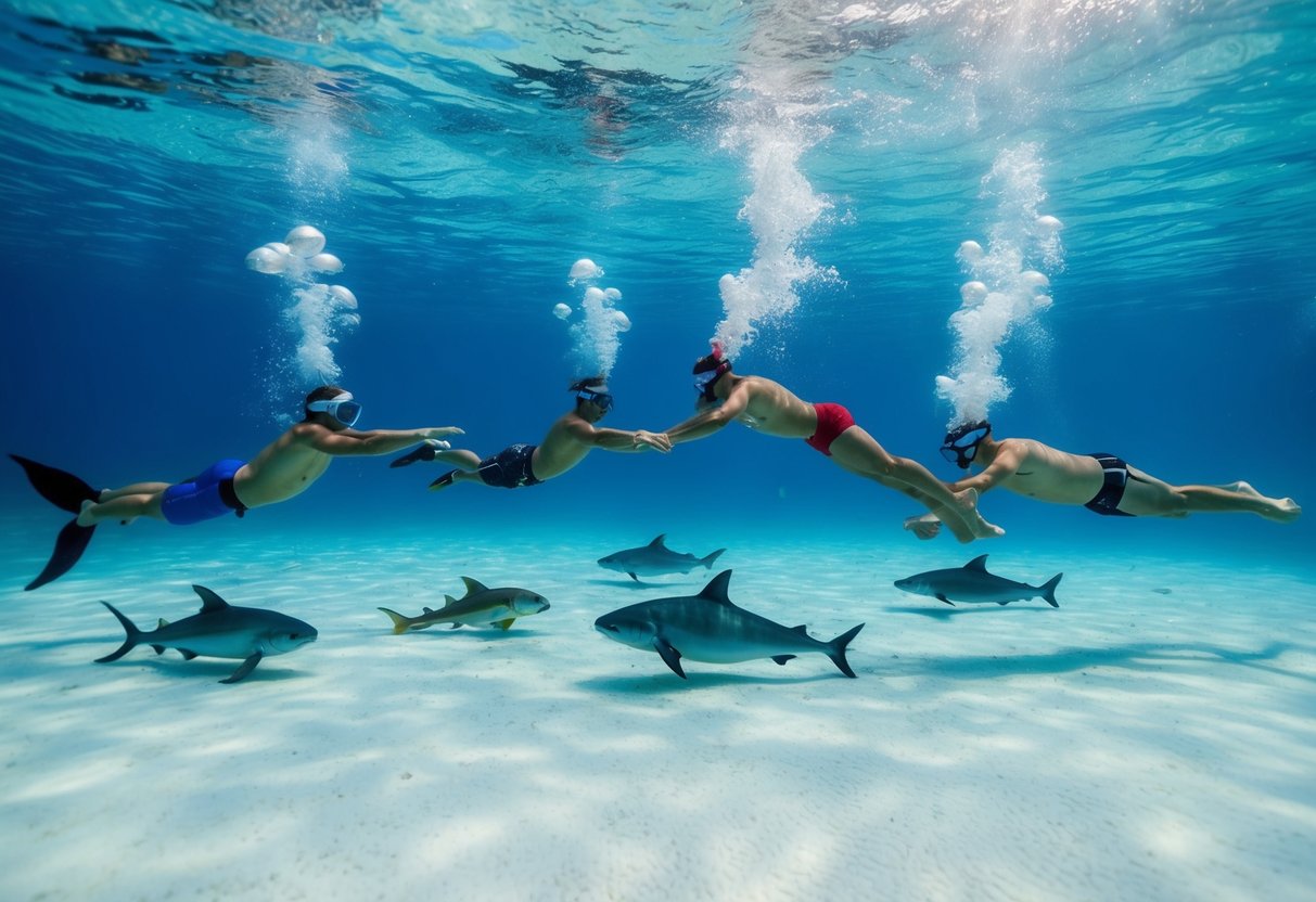 A serene underwater setting with various aquatic exercises being performed by different aquatic creatures