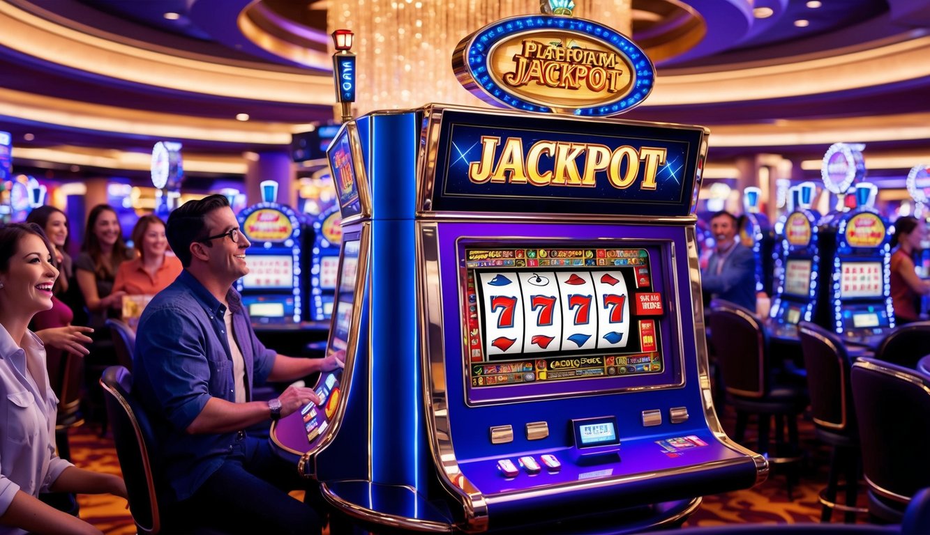 Sebuah lantai kasino yang ramai dan hidup dengan mesin slot platform yang menakjubkan menampilkan tanda "jackpot" yang berkedip dan dikelilingi oleh pemain yang bersemangat