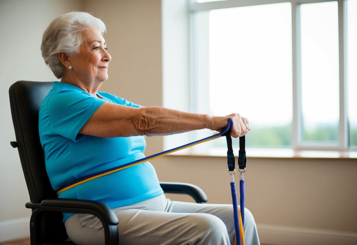 An elderly person using a resistance band to stretch their arms and legs while seated in a chair