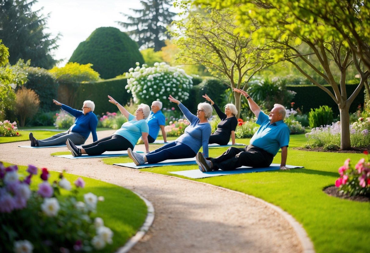 A serene garden with a winding path, surrounded by blooming flowers and tall trees. A group of seniors engage in gentle stretching exercises under the guidance of an instructor