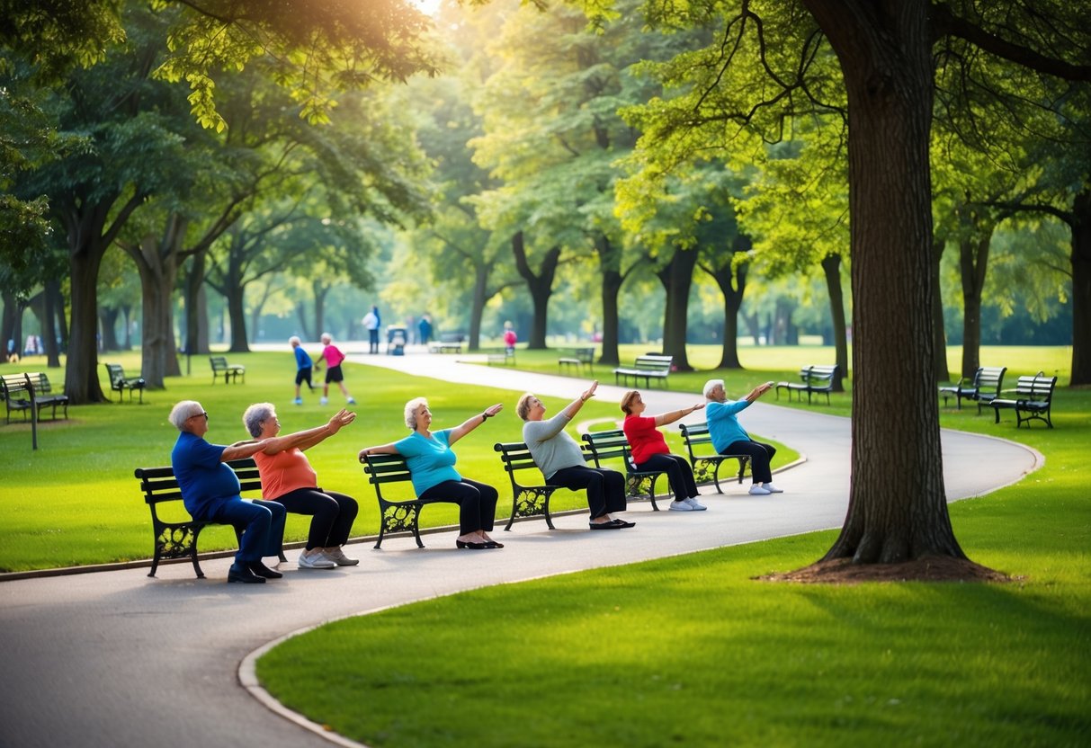 A serene park with a winding path, surrounded by tall trees and filled with benches. A group of seniors engage in gentle stretching exercises under the guidance of an instructor