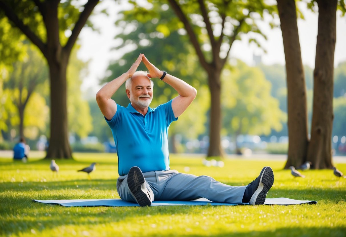 A senior performing gentle stretches in a park, surrounded by trees and birds, with a focus on joint mobility