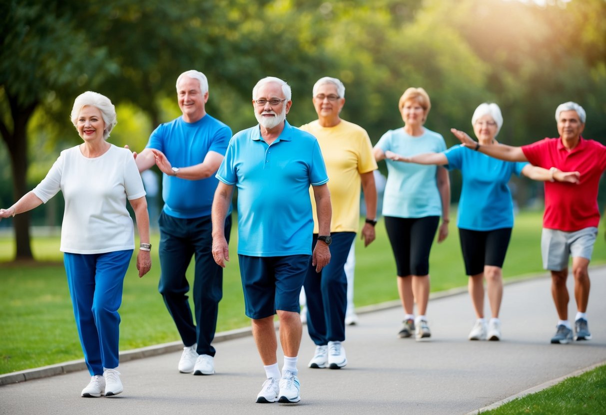 A group of seniors engage in a walking and stretching routine in a park, demonstrating joint mobility exercises