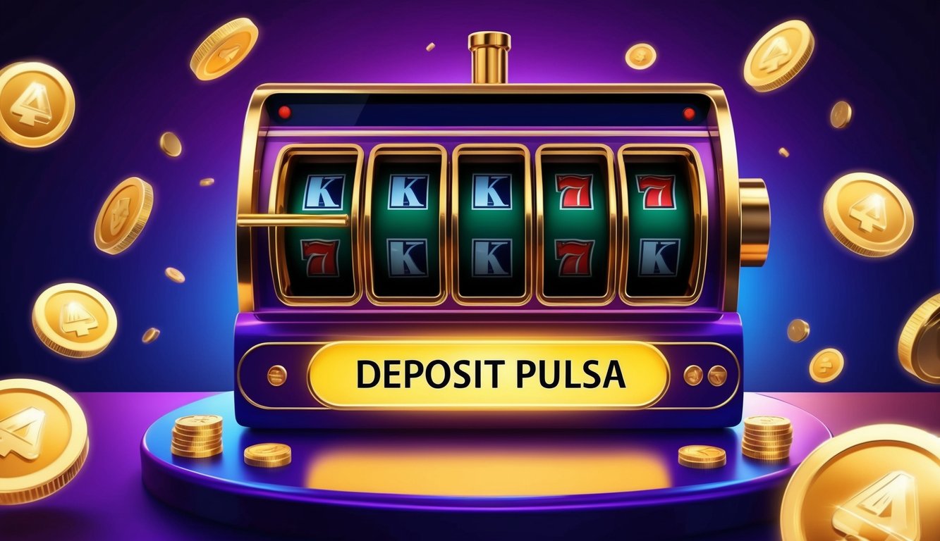 Sebuah mesin slot online berwarna-warni dengan tombol "deposit pulsa" yang bersinar, dikelilingi oleh koin digital dan simbol-simbol.