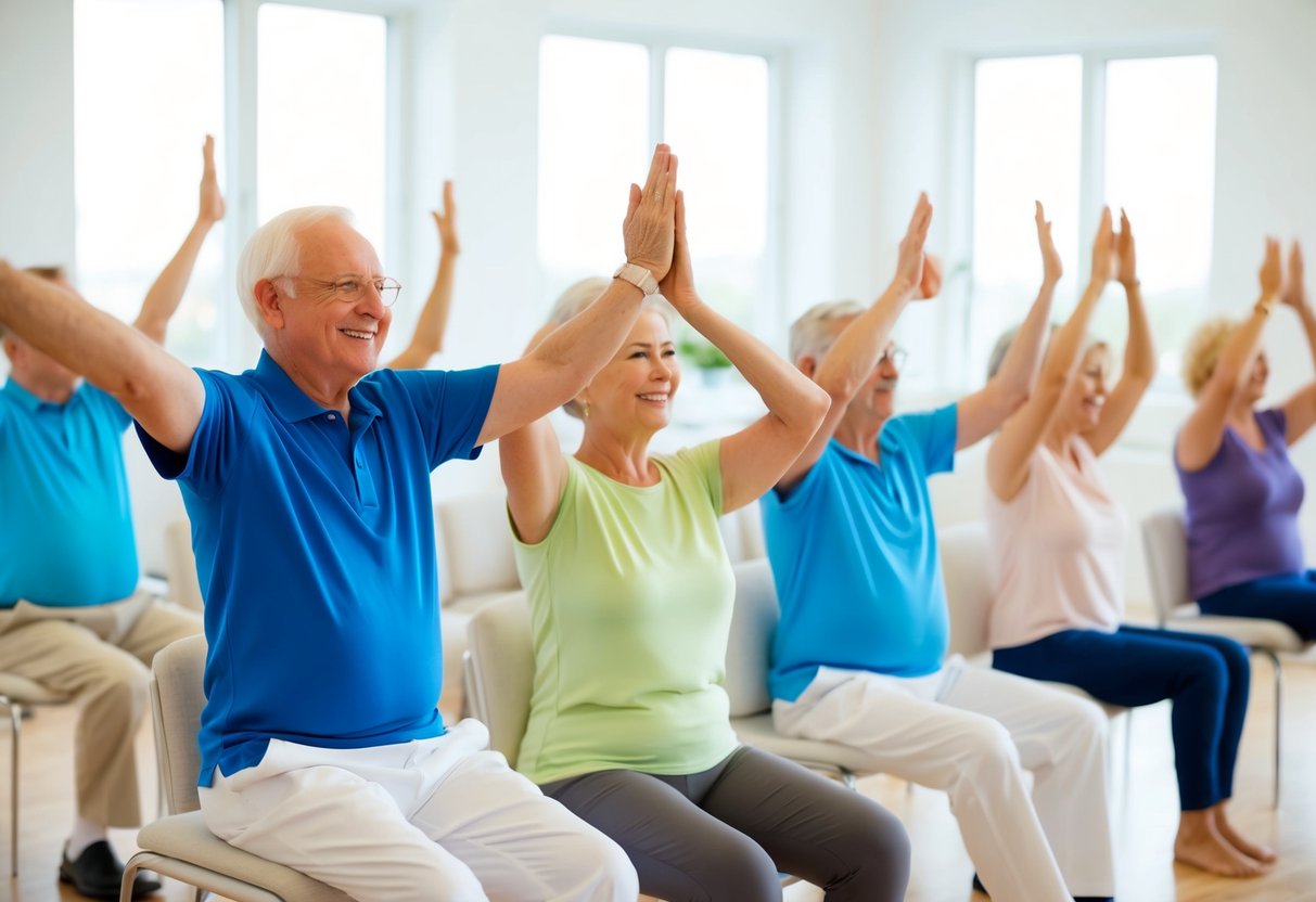 A group of seniors practicing gentle stretching exercises in a bright, spacious room with large windows and comfortable seating