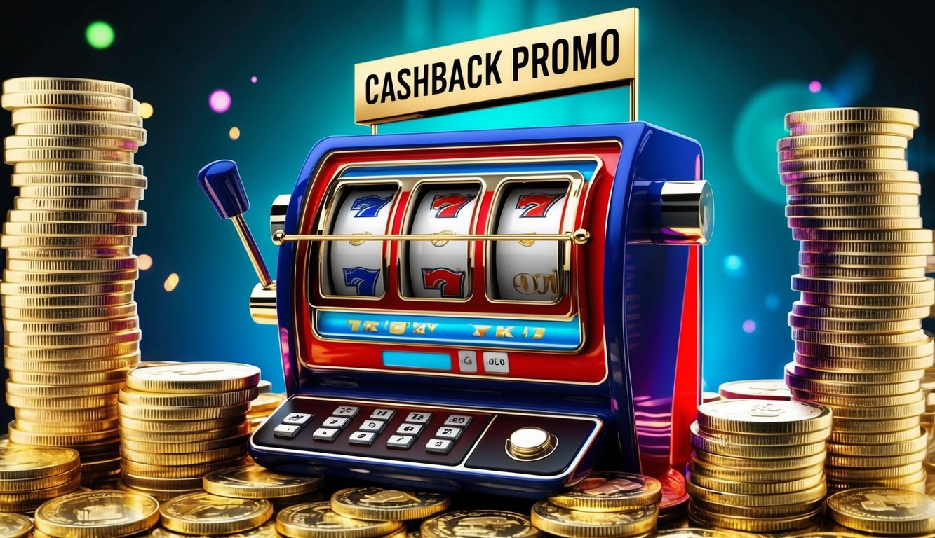 Sebuah mesin slot online yang cerah dikelilingi oleh tumpukan uang tunai dan koin yang berkilau, dengan spanduk 'promo cashback' yang ditampilkan secara mencolok