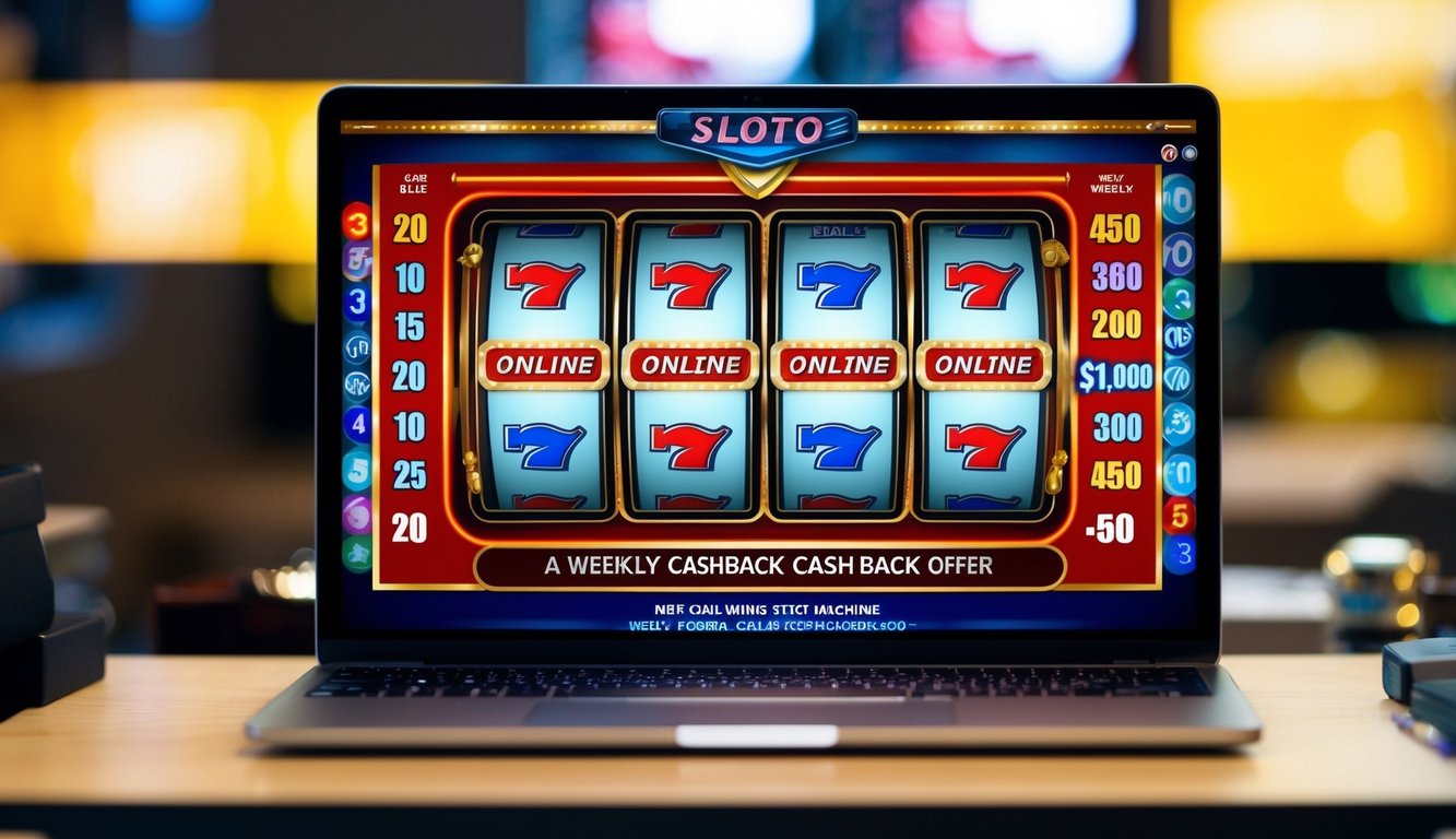 Mesin slot online yang cerah dengan simbol kemenangan dan penawaran cashback mingguan