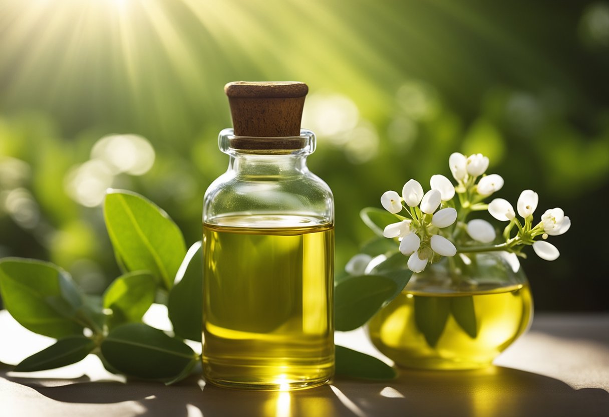 A clear glass bottle of jojoba oil surrounded by vibrant green jojoba plants and small white flowers, with rays of sunlight shining down