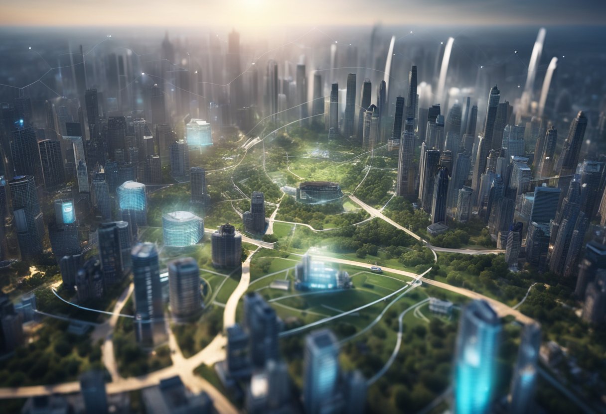 A futuristic city skyline with a double material map and SWOT analysis overlay, showcasing Science Based Targets and Nature