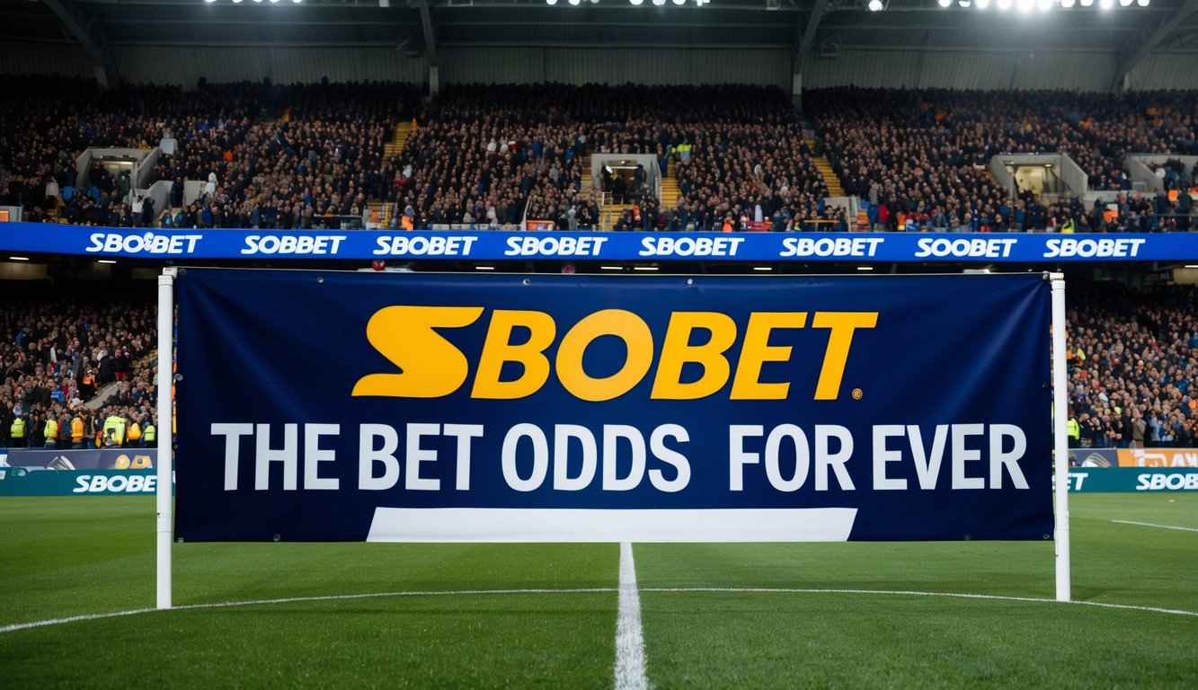 Sebuah stadion olahraga yang ramai dengan spanduk besar SBObet yang menampilkan peluang terbaik untuk setiap pertandingan