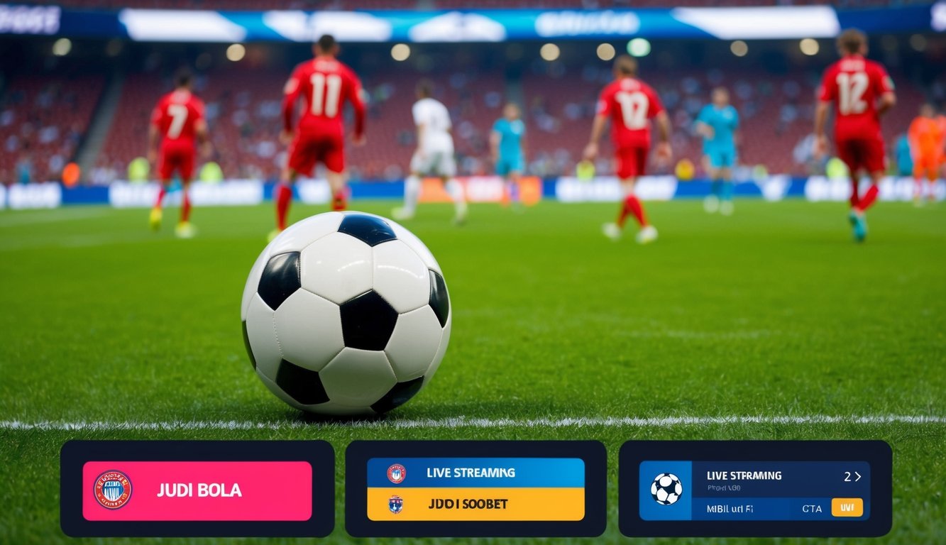 Sebuah pertandingan sepak bola di lapangan yang cerah dengan grafik streaming langsung dan antarmuka online untuk Judi Bola SBObet