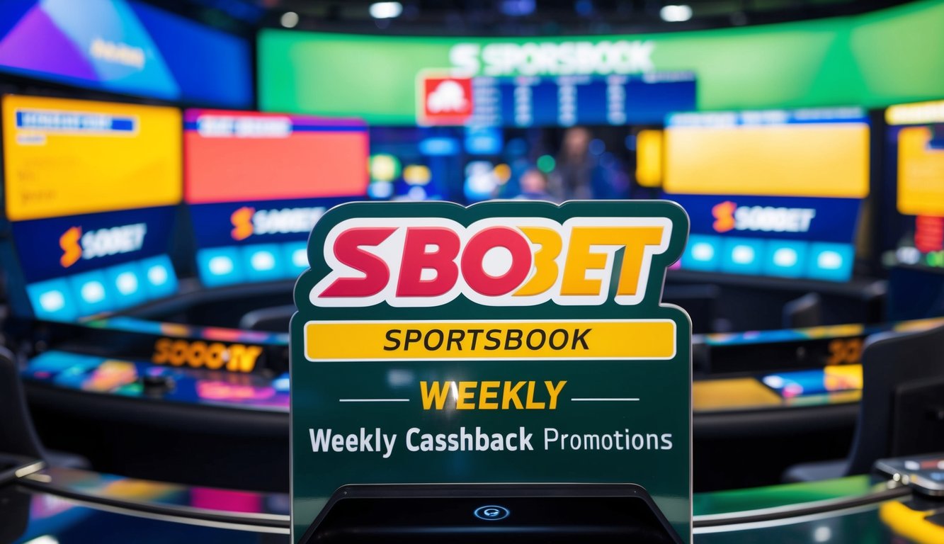 Sebuah sportsbook yang ramai dengan warna-warna cerah dan desain modern, menampilkan logo SBObet yang mencolok dan tampilan promosi cashback mingguan.