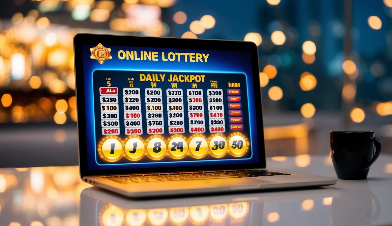 Antarmuka digital yang bersinar menampilkan jackpot harian untuk lotere online