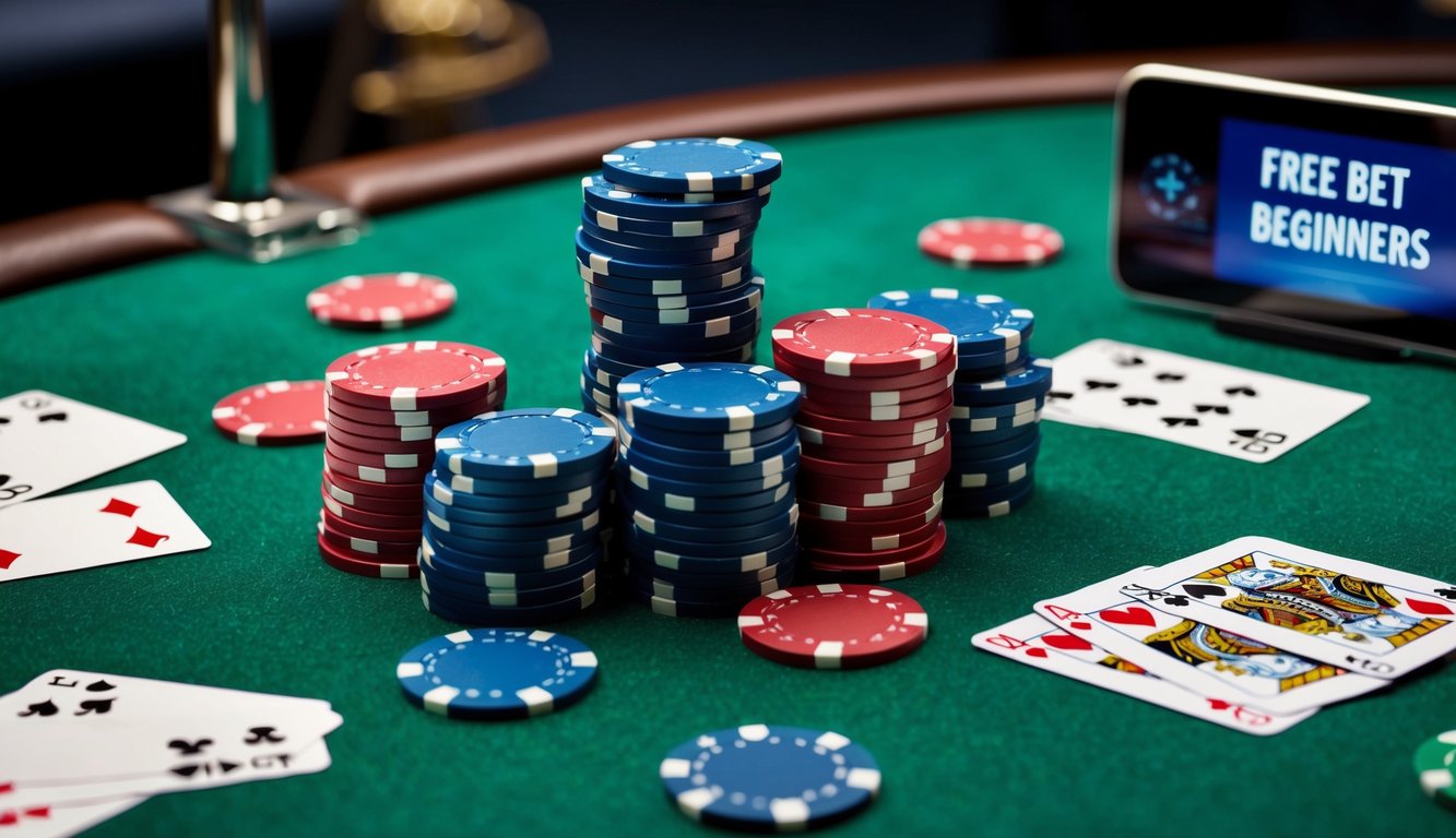 Sekelompok chip poker yang ditumpuk di atas meja felt hijau, dengan kartu permainan yang tersebar di sekitarnya dan perangkat digital yang menampilkan "Taruhan Gratis untuk Pemula" di layarnya