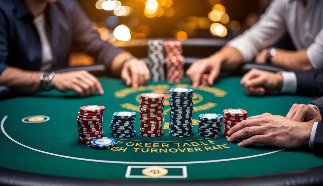 Sebuah meja poker dengan tingkat perputaran yang tinggi, dikelilingi oleh pemain dan tumpukan chip