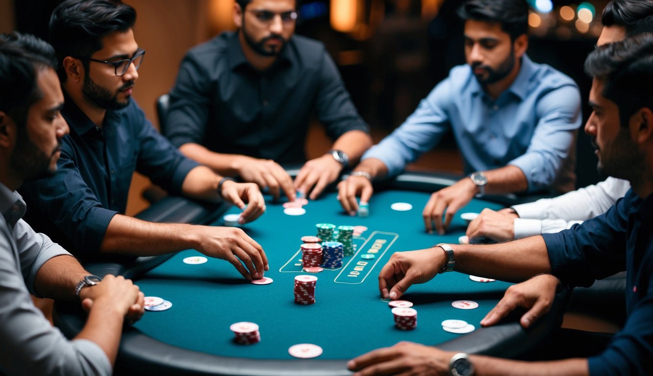 Sekelompok pemain internasional terlibat dalam permainan poker langsung yang intens, dengan chip dan kartu tersebar di seluruh meja