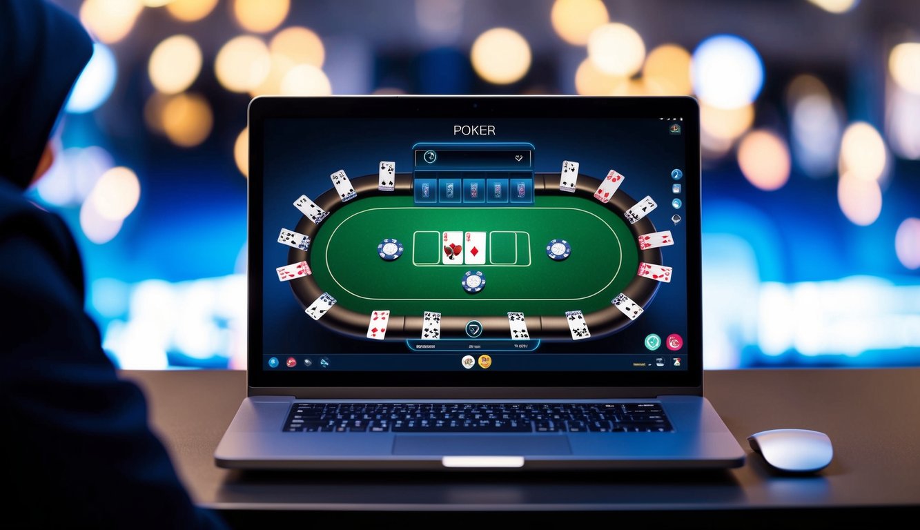 Sebuah layar komputer menampilkan meja poker virtual dengan chip dan kartu digital, dikelilingi oleh antarmuka permainan yang modern dan ramping