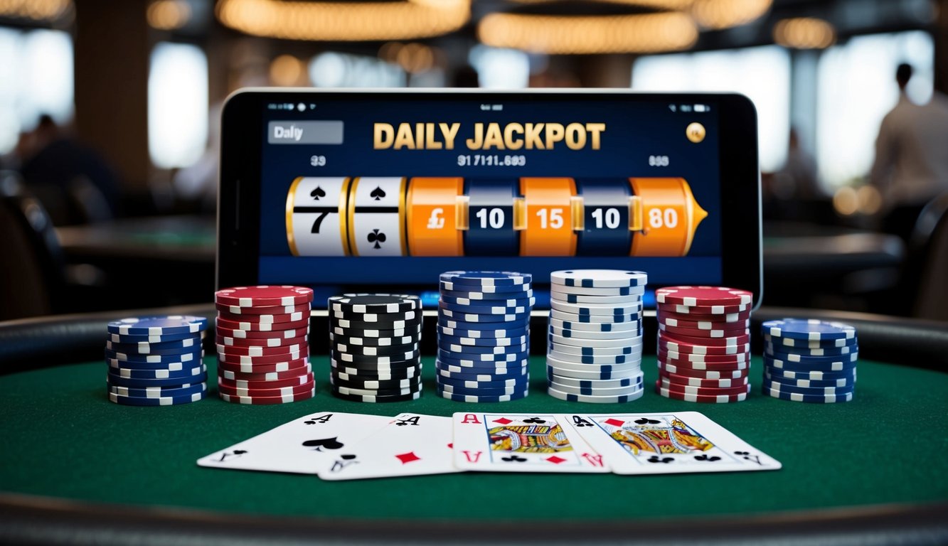 Sekelompok chip poker dan kartu yang disusun di atas meja, dengan antarmuka digital yang menampilkan jumlah jackpot harian