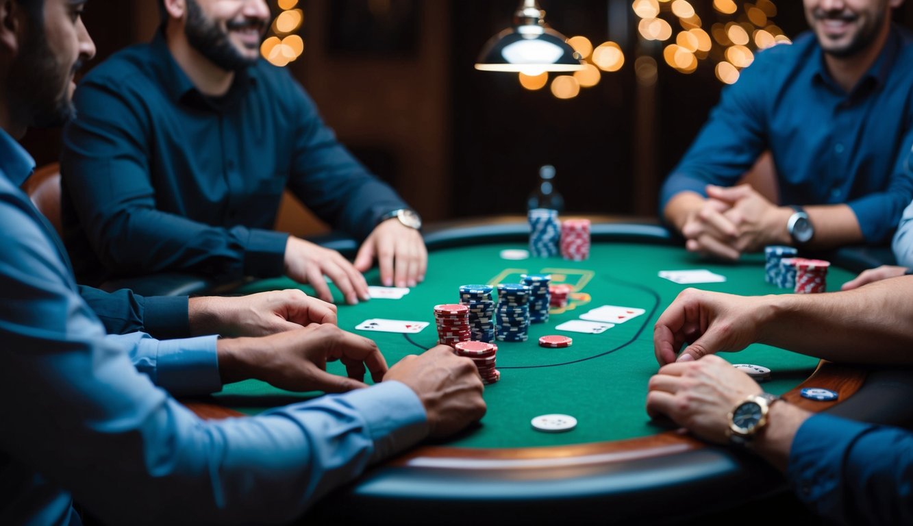 Meja poker dengan pemain yang mengobrol, kartu dan chip di atas meja