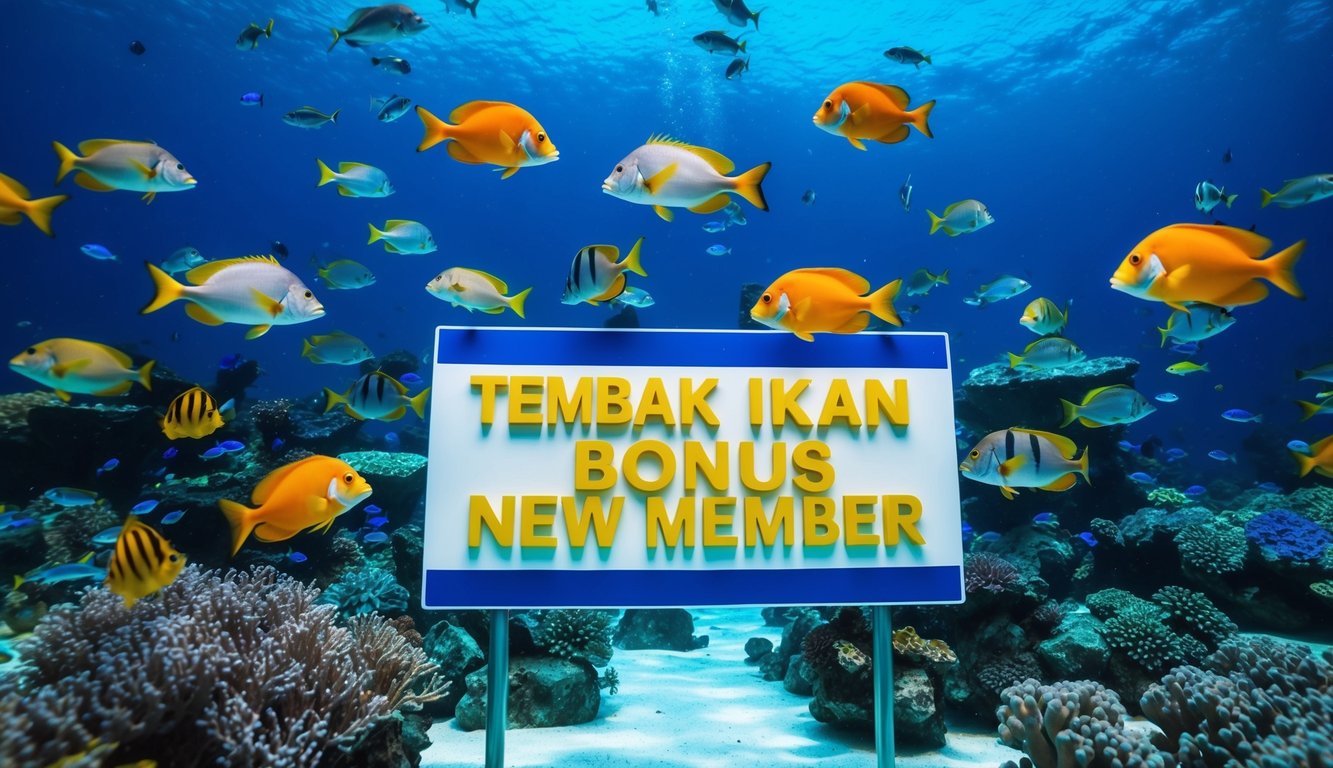 Dunia bawah laut yang berwarna-warni dengan berbagai ikan yang berenang di sekitar tanda yang bertuliskan "Judi Tembak Ikan Bonus New Member."