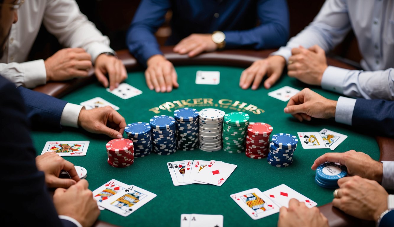 Sekelompok chip poker dan kartu remi yang diatur di atas meja felt hijau, dikelilingi oleh pemain yang berkonsentrasi dengan tegang