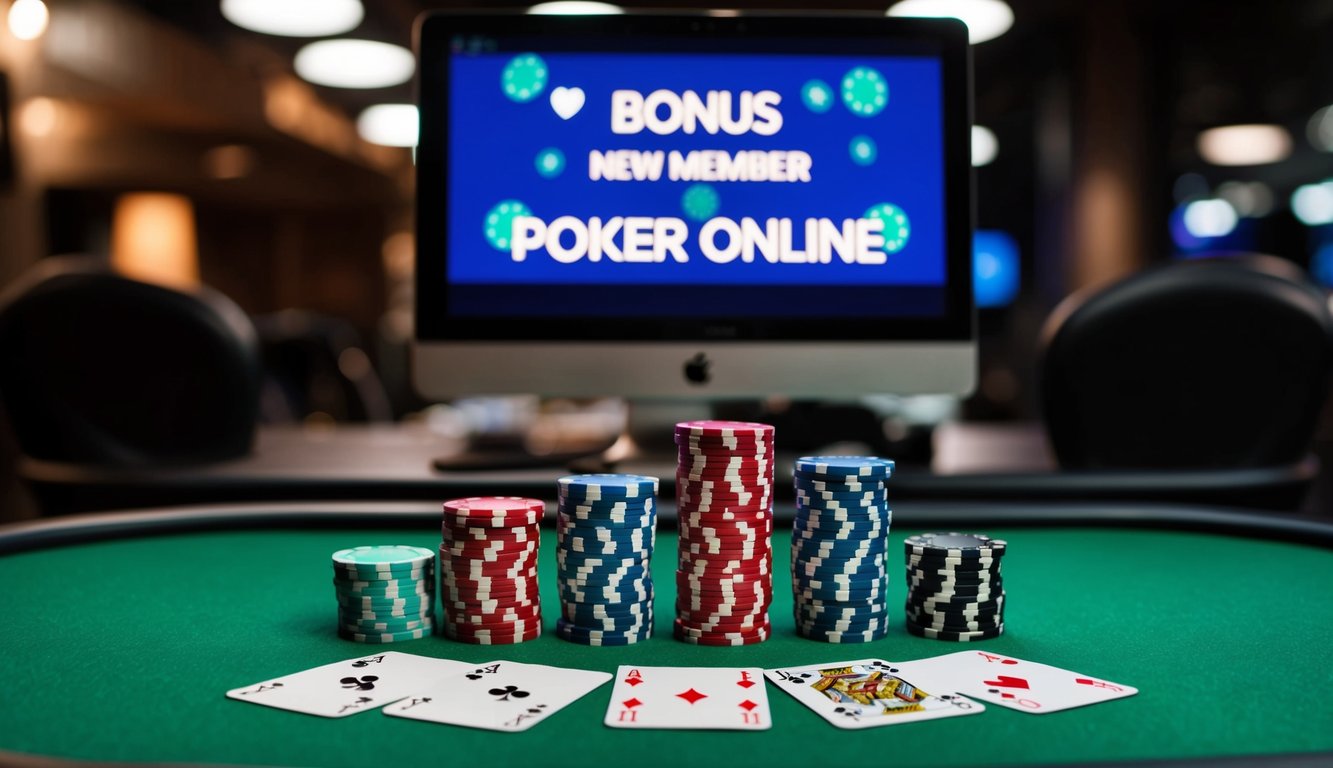 Sekelompok chip poker dan kartu yang diatur di atas meja felt hijau, dengan layar komputer menampilkan "Bonus Anggota Baru Poker Online" di latar belakang