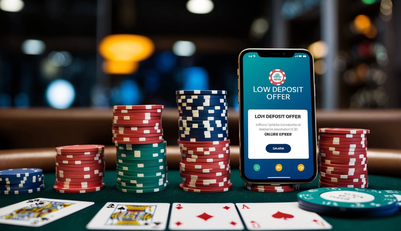 Sekelompok chip poker dan kartu yang disusun di atas meja, dengan perangkat digital yang menampilkan penawaran setoran rendah untuk poker online