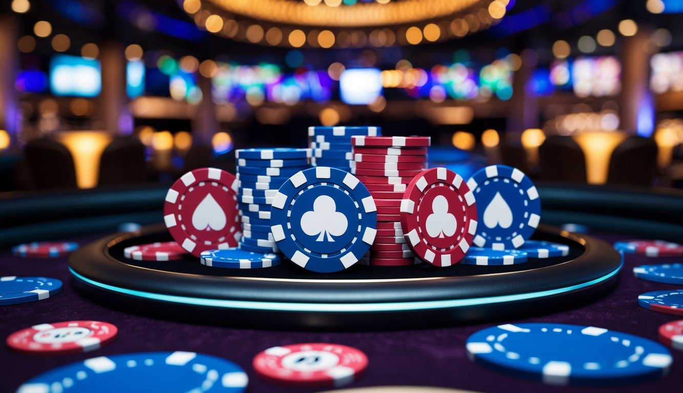 Antarmuka digital yang cerah dengan chip poker, kartu, dan desain yang ramping, dikelilingi oleh latar belakang lampu kasino dan suasana yang dinamis