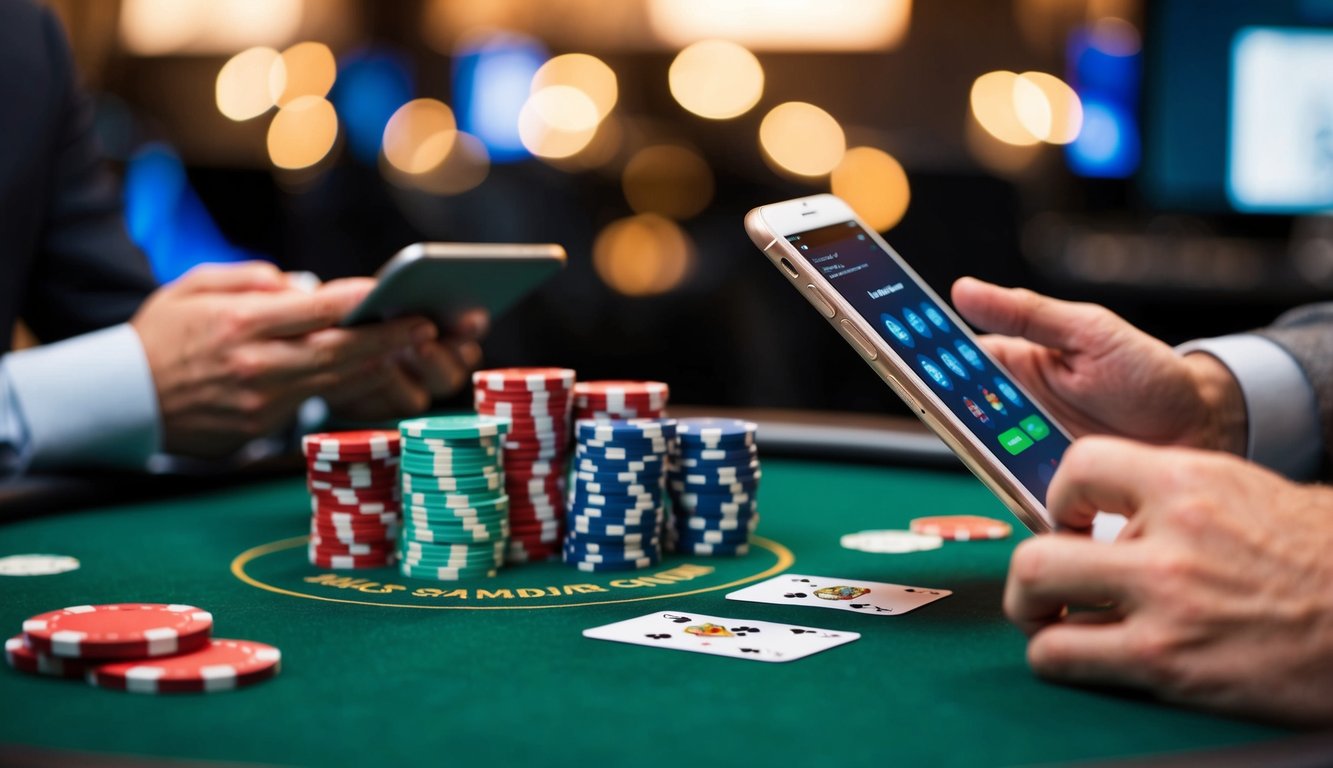 Sebuah meja dengan chip poker, kartu, dan perangkat digital untuk perjudian online