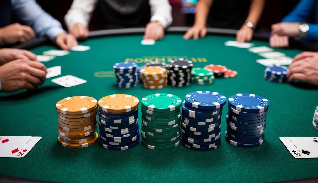 Sekelompok chip poker yang disusun di atas meja felt hijau, dengan kartu yang dibagikan dan pemain yang merencanakan langkah mereka selanjutnya.