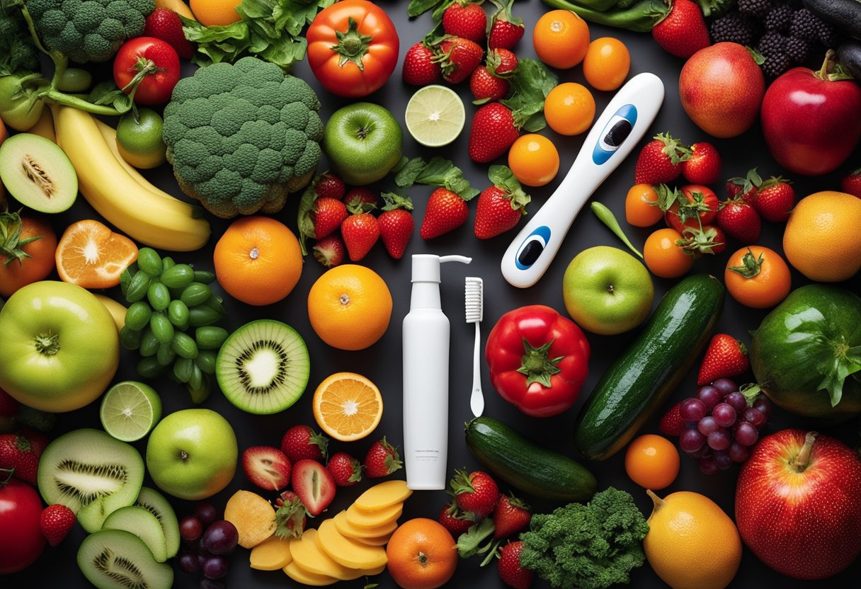 Uma variedade colorida de frutas e legumes dispostos à volta de uma escova de dentes branca e brilhante e de um tubo de pasta de dentes.