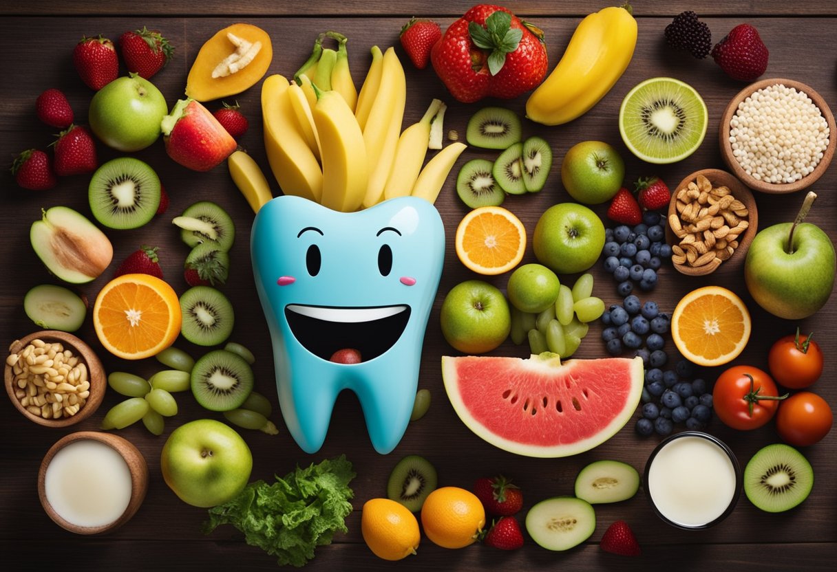 Uma variedade colorida de frutas, legumes e produtos lácteos dispostos à volta de um dente sorridente, simbolizando a importância da nutrição para a saúde dental.