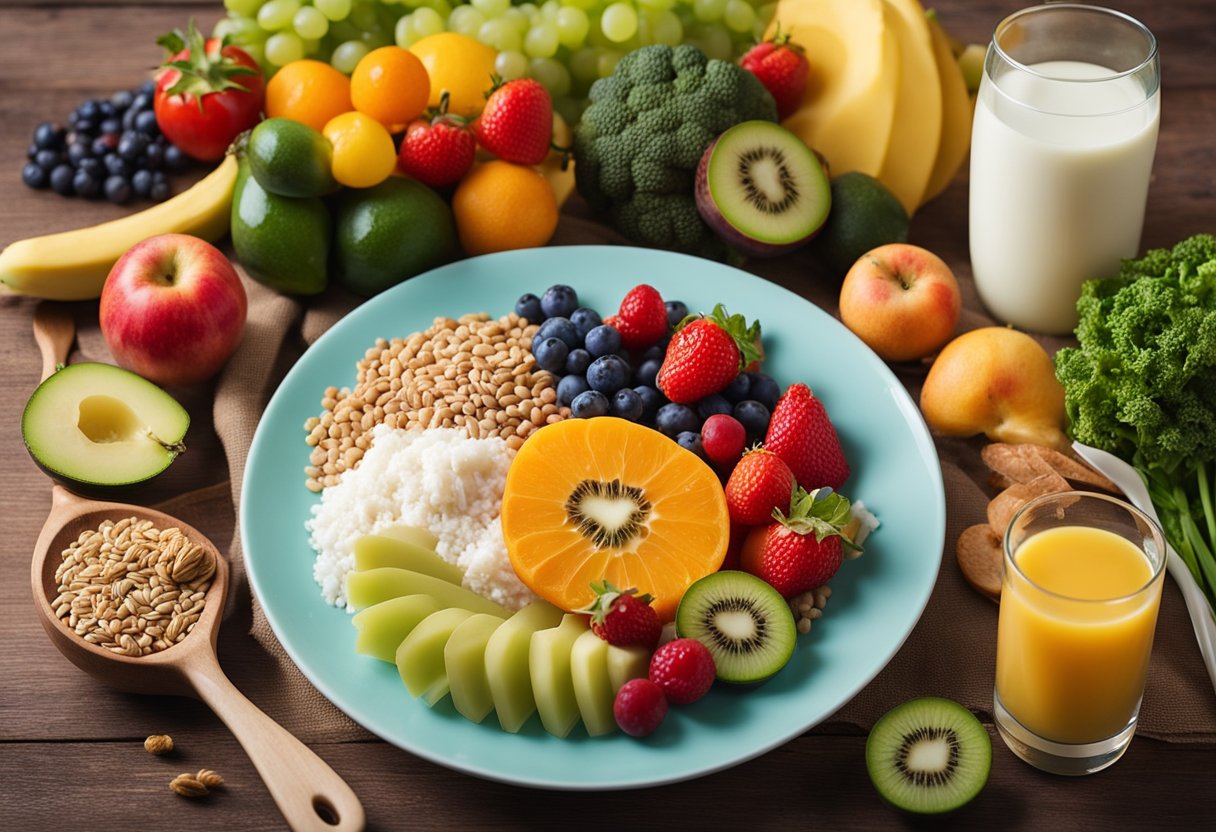 Um prato colorido cheio de uma variedade de frutas, legumes, produtos lácteos e cereais integrais, rodeado por uma escova de dentes e pasta de dentes, ilustrando os componentes-chave de uma dieta protetora para a saúde dental.