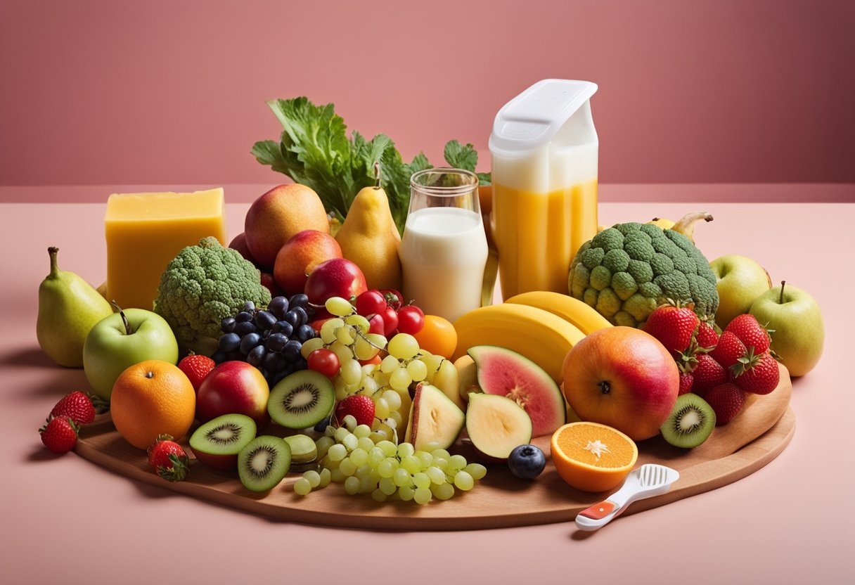 Uma colorida variedade de frutas, legumes e produtos lácteos dispostos sobre uma mesa, com uma escova de dentes e pasta de dentes por perto