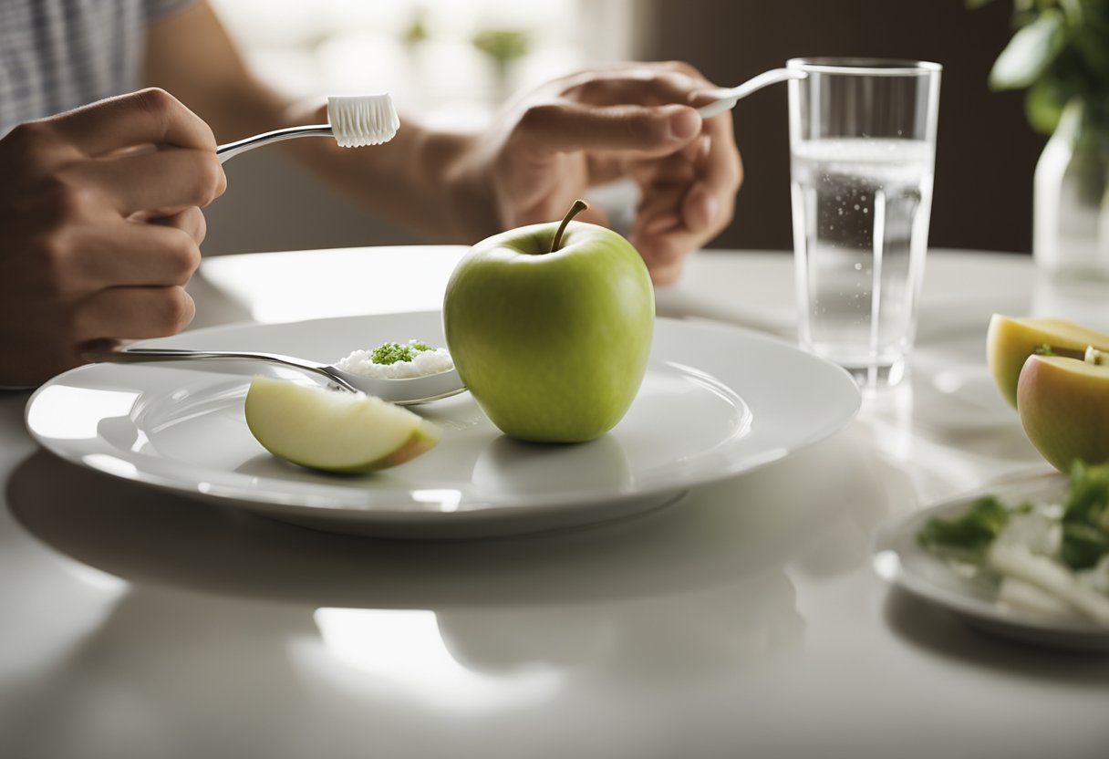 Uma pessoa sentada à mesa, a terminar uma refeição, com uma escova de dentes e pasta de dentes por perto. Uma maçã e um copo de água também estão na mesa.