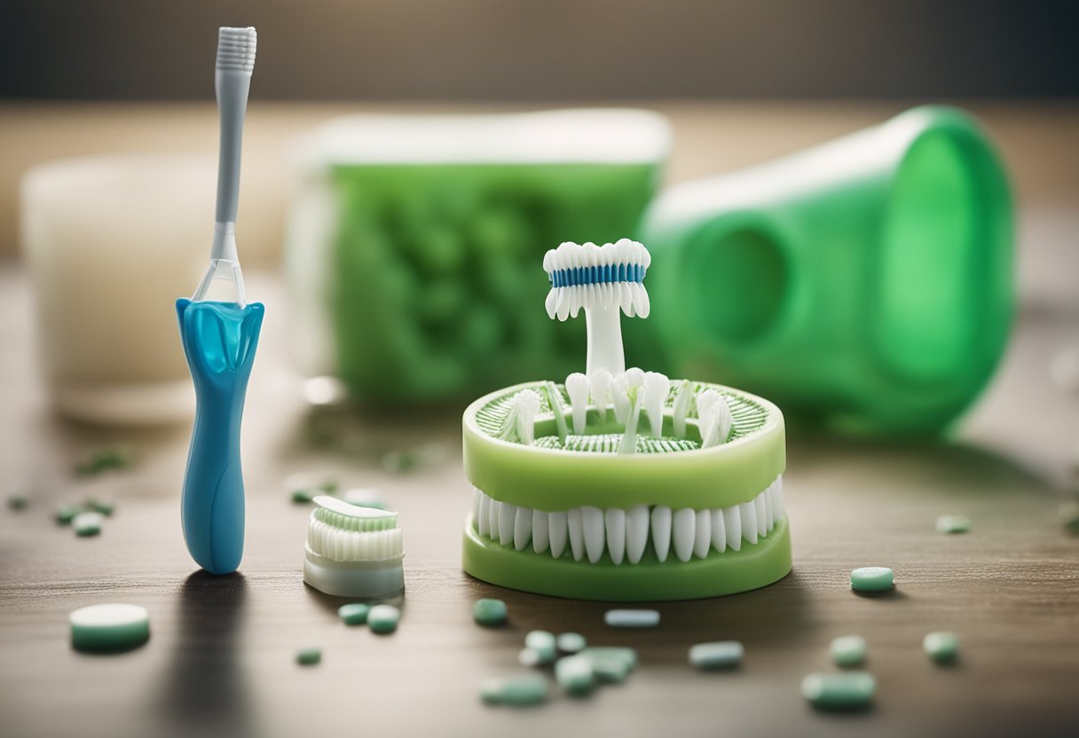 Uma cena de cuidados dentários com uma escova de dentes, pasta de dentes, fio dental e um dente saudável rodeado de bactérias e cáries
