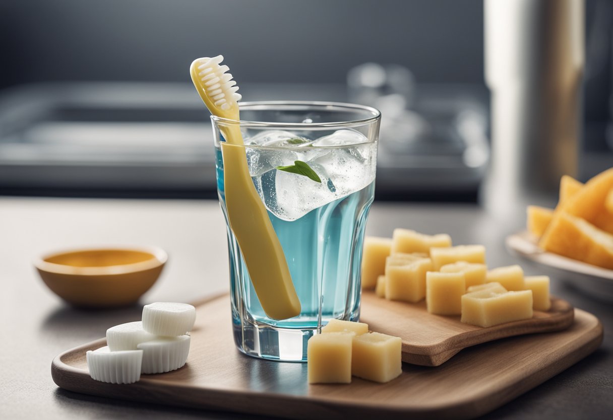 Uma escova de dentes e um tubo de pasta de dentes ao lado de um copo de água e um lanche saudável, com um dente sorridente ao fundo