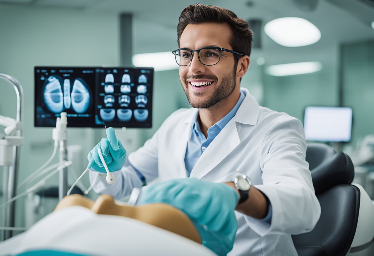 Um dentista a demonstrar tratamentos dentários modernos e cuidados preventivos para cáries num ambiente clínico.