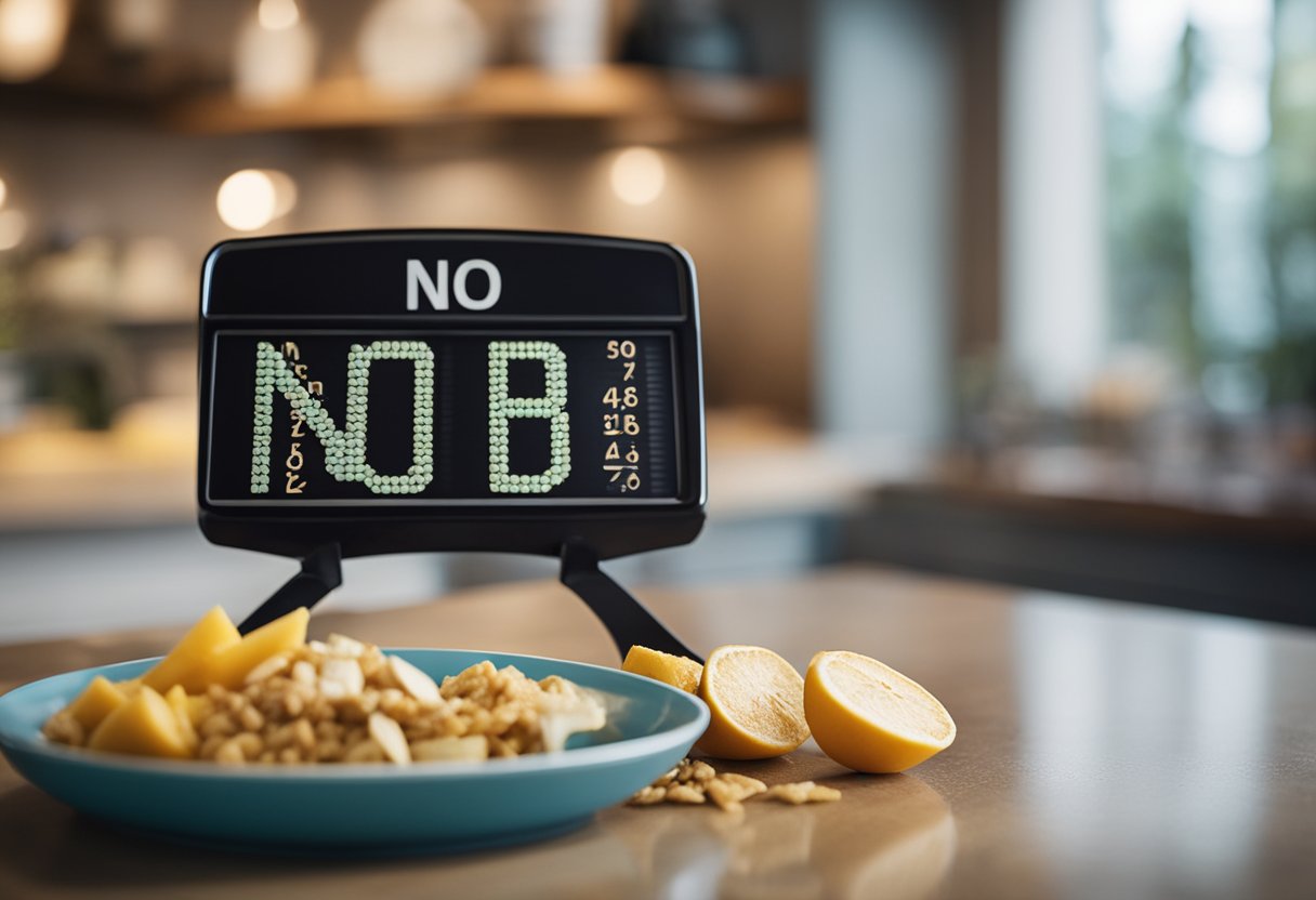 A scale surrounded by broken myths: a lightning bolt through a "no carbs" sign, a "no snacking" chain shattered, and a "no exercise" weight lifted off