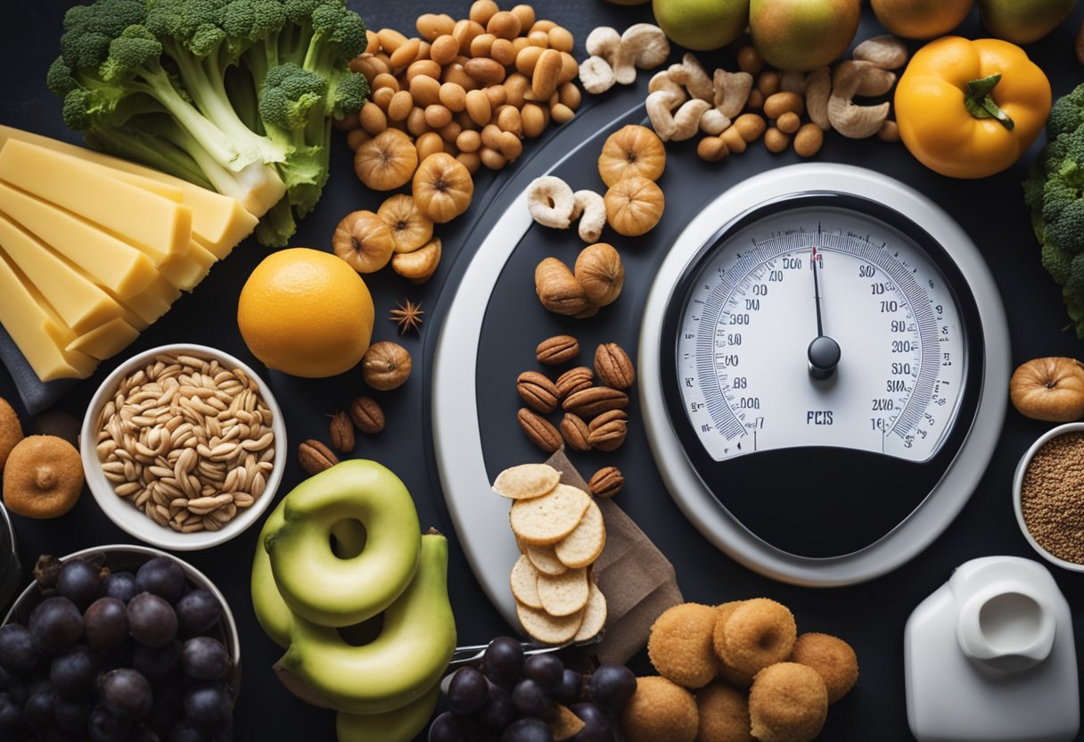 A scale surrounded by various foods and exercise equipment, with a frustrated person looking at it