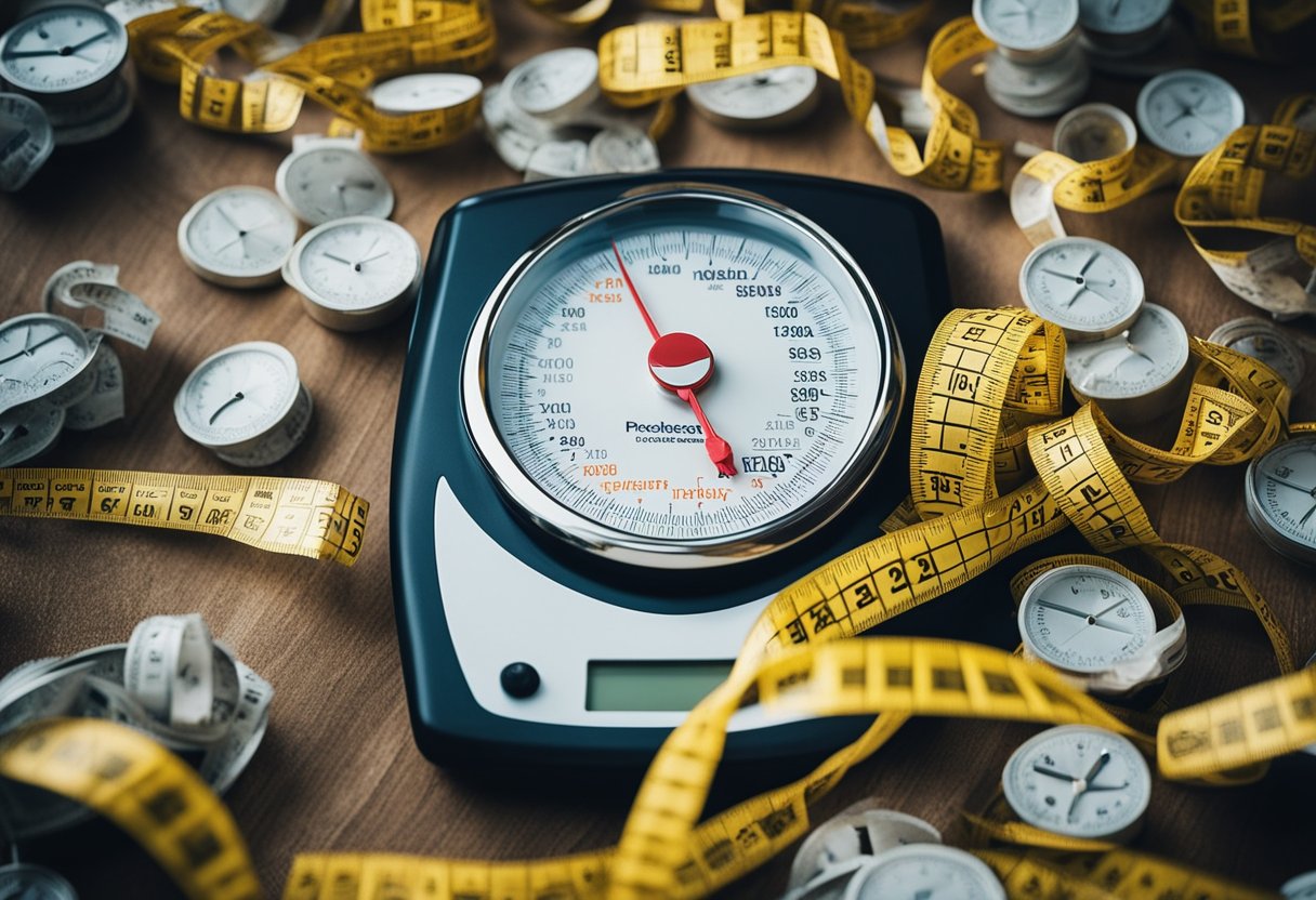 A scale surrounded by broken measuring tape, unhealthy food, and a cloud of negative thoughts