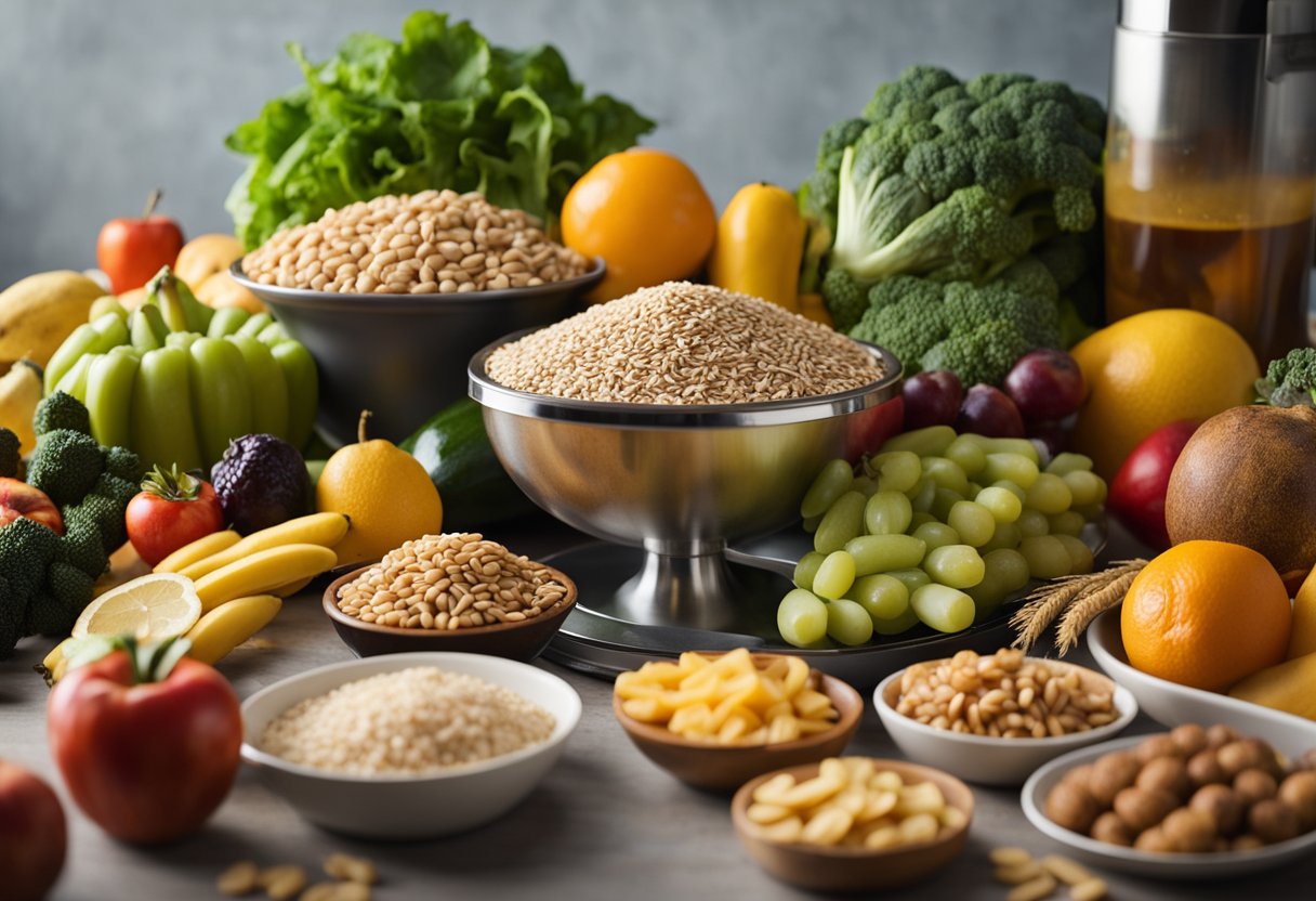 A table with a variety of fresh fruits, vegetables, and whole grains. A scale with a decreasing number. A trash can overflowing with processed junk food