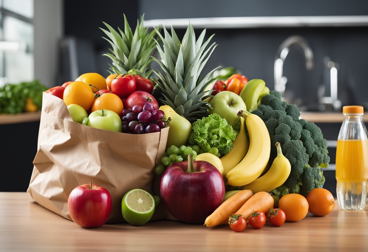 A colorful array of fruits and vegetables spilling out of a grocery bag, surrounded by a water bottle and exercise equipment