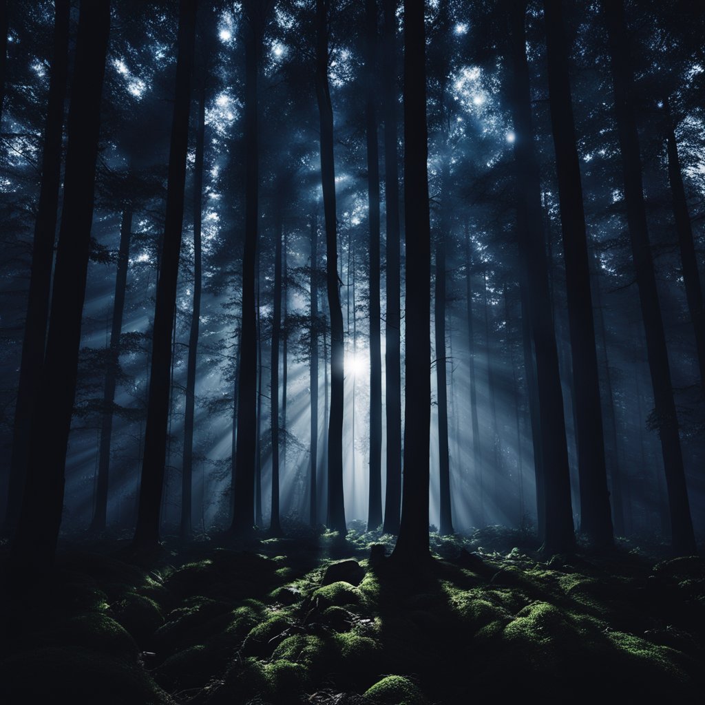 A dark forest at night with a bright beam of light cutting through the darkness, illuminating the surrounding trees and wildlife