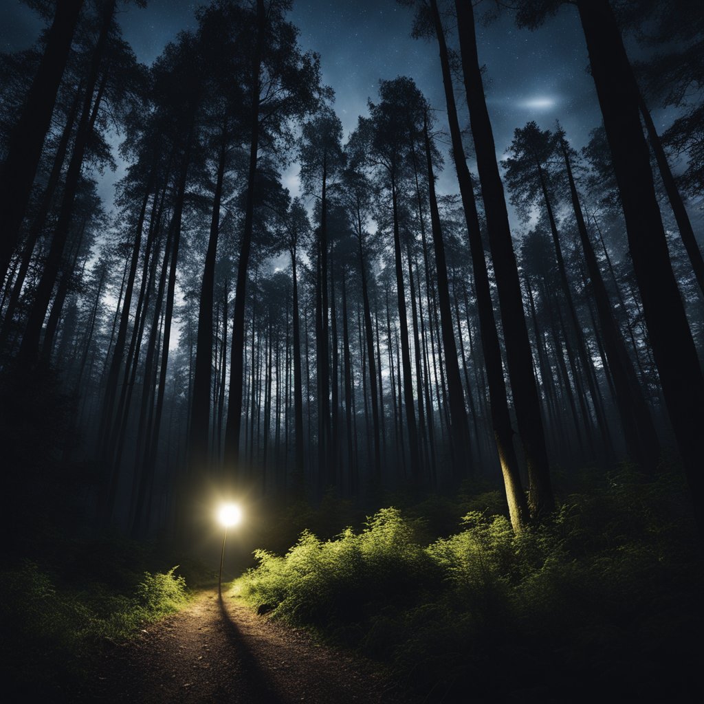 A dark forest at night, with a bright FMU LED Tactical Flashlight illuminating the path ahead with a powerful beam of light