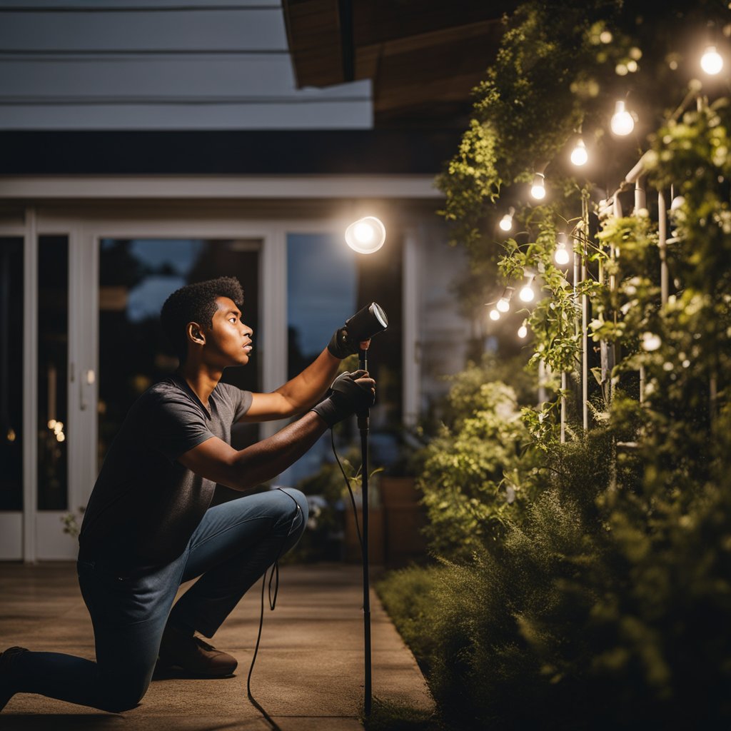 A person using a flashlight to do indoor and outdoor chores at dusk