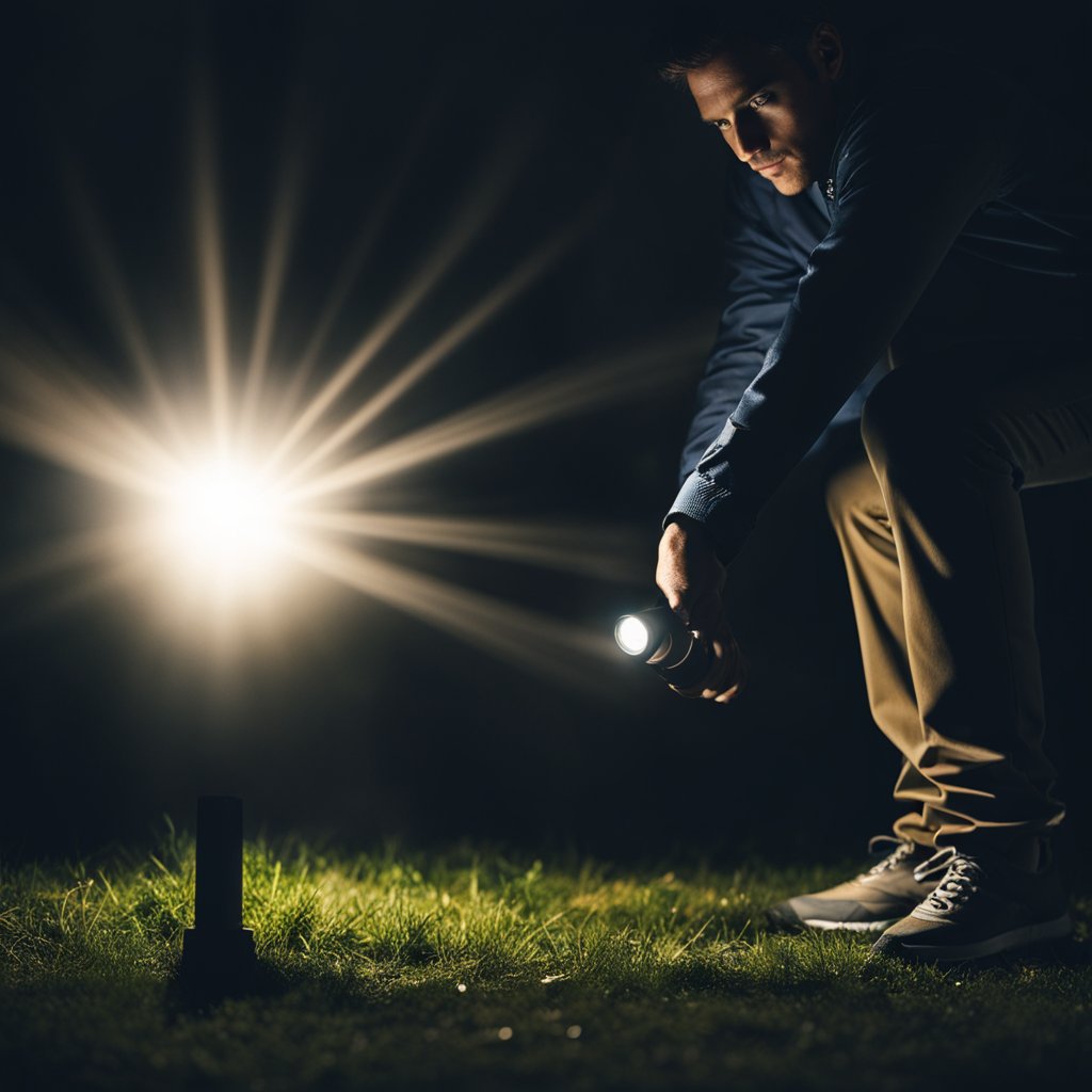 A person shines a flashlight into a dark area, illuminating the surroundings with a bright beam of light