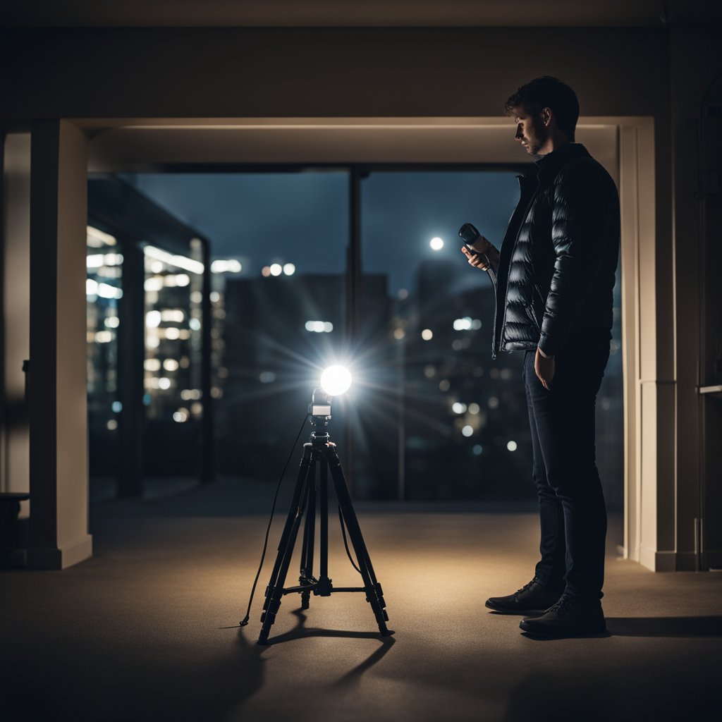 A person shining a flashlight in a dark room, adjusting the brightness to find the right amount of lumens needed